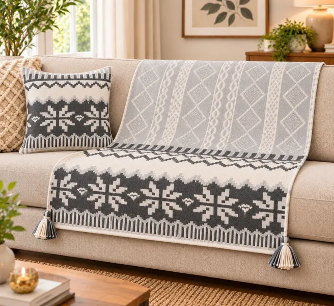 Grey Cotton Polyester Throw Blanket with Cushion Cover Set – 50 × 60 Inches Throw & 18 × 18 Inches Cushion Cover